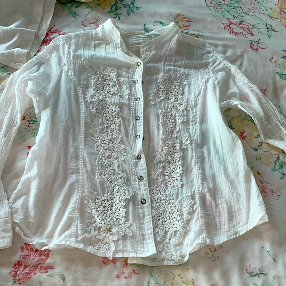 White summer blouse with snaps all down front